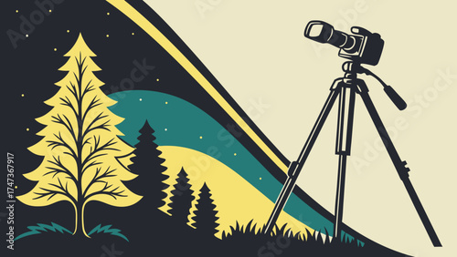 Camera on tripod in nature scene night photography landscape forest trees stars vector illustration.