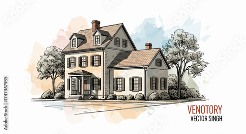 Picturesque Hand-Drawn Watercolor Illustration of a Traditional American House Exterior - Charming Architectural Sketch for Real Estate or Home Decor Concepts