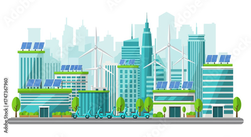 Sustainable Urban Development Concept Featuring Green Buildings, Solar Energy, Wind Power, and Eco-Friendly Transportation in a Modern Cityscape Illustration