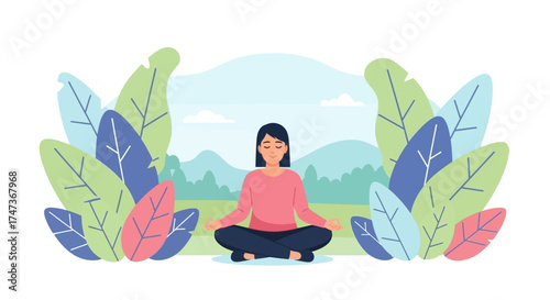 Peaceful Woman Meditating Outdoors Surrounded by Lush Leaves, Embracing Mindfulness and Inner Calm in a Serene Natural Setting – Vector Art for Wellness and Stress Relief