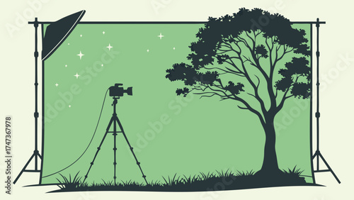 Camera on tripod with backdrop and tree silhouette photography studio setup illustration.