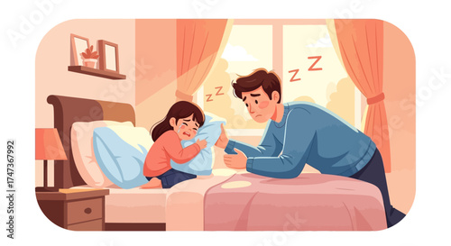 A caring yet weary father tries to soothe his distressed young daughter who is tearfully clutching a pillow in her bedroom, illustrating family support