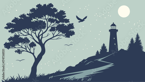 Coastal landscape at night with lighthouse tree and birds in silhouette.