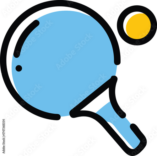 Graphic showing a ping pong ball alongside a racket, symbolizing table tennis equipment.