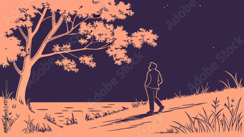 Evening Stroll by the Water Silhouette of Person Walking Near Tree and Lake at Night.