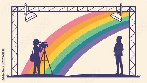 Filming a person in front of a rainbow backdrop with studio lighting.