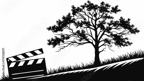 Filmmaking Nature Scene Silhouette Illustration Movie Production Tree Grass Clapperboard Black and White Simple Design Graphic Vector Art Outdoor Environment Landscape Still Life F.