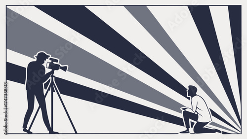 Filmmaking Video Production Cameraman Silhouette Interview Studio Background Graphic Design Abstract Stripes Modern Art Professional Filming Creative Illustration Broadcast Television.