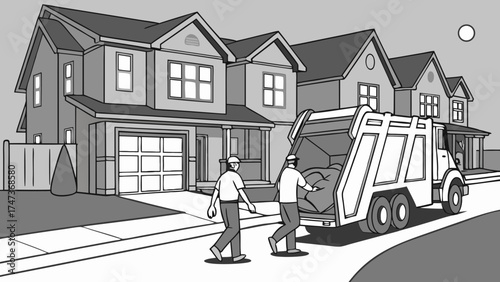 Garbage Collection Service Residential Waste Removal Sanitation Workers Suburban Homes Trash Truck Illustration Recycling Waste Management Environmental Cleanup Urban Scene Cityscape Ne.