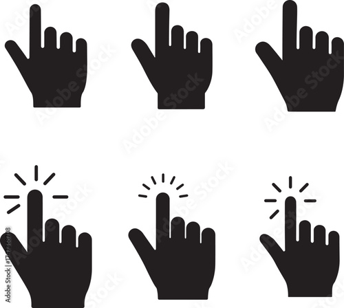 Set of six black hand cursor icons indicating clicking and selecting action on a white background
