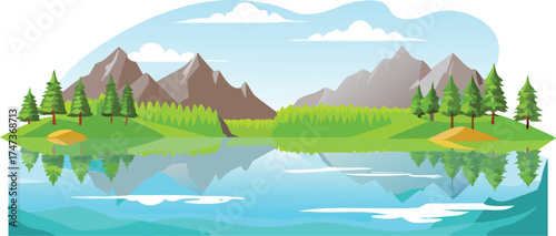 Whimsical cartoon depiction of a landscape with towering mountains and a calm lake, set against a sunny backdrop.