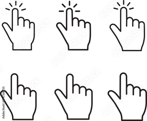 Set of six hand cursor icons indicating a click action on a white background