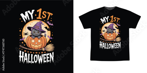 Cute “My 1st Halloween” Vector Illustration with Black Cat in Pumpkin and Witch Hat – Baby’s First Halloween Design