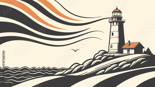 Lighthouse Coastal Scene Dramatic Waves Seascape Illustration Nautical Design.