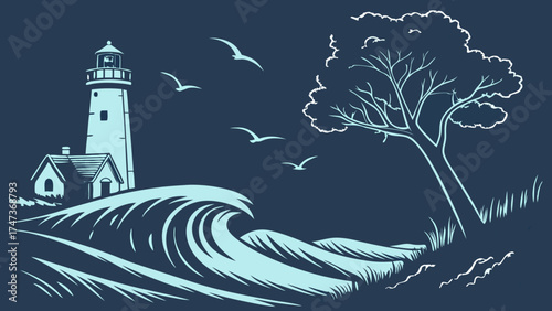 Lighthouse Ocean Waves Coastal Scene Seabirds Tree Silhouette Nautical Illustration Vector Art Graphic Design Blue and White Coastal Landscape Nature Illustration Seaside Ocean View.