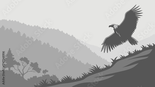 Majestic Eagle Soaring Over Misty Mountain Landscape Wildlife Nature Vector Illustration.