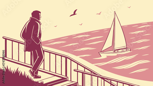 Man overlooking the sea with sailboat stylized illustration vector art coastal scenery travel concept.