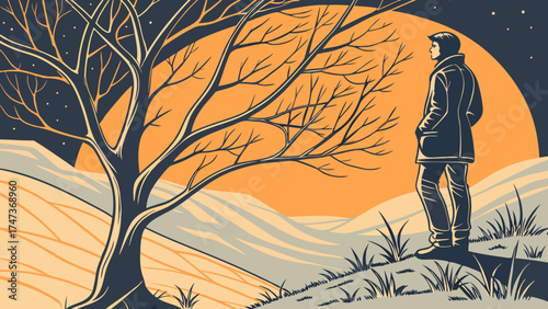 Man standing in a landscape at night under a large orange moon.