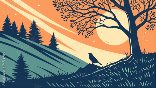 Nighttime landscape illustration with bird tree and moon stylized nature art scenic view vector graphics printable wall art.