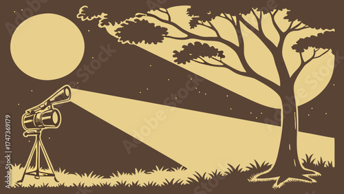 Nighttime Landscape with Telescope and Spotlight Illuminating a Tree and Moon.