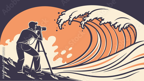 Photographer capturing a large ocean wave dramatic coastal scene nature photography vector illustration.