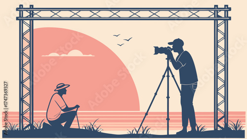 Photographer capturing a model against a sunset backdrop silhouette style illustration.