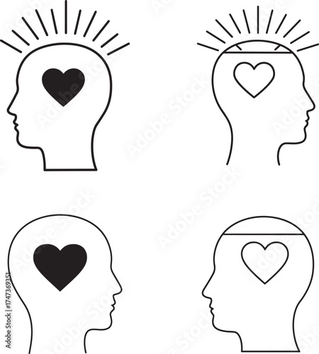 Four stylized head silhouettes with hearts inside representing love emotion and positive thinking