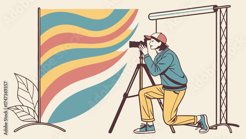 Photographer Kneeling Behind Tripod with Camera Taking Photo of Colorful Striped Backdrop.