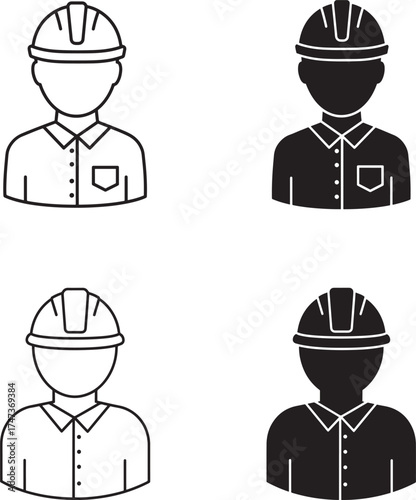 Four stylized icons of construction workers in hard hats and collared shirts