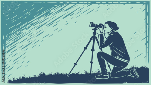 Photographer Kneeling with Camera on Tripod Nature Photography Concept Artistic Illustration.