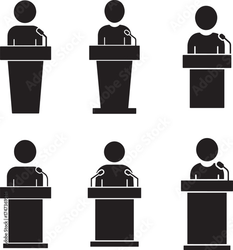 Set of six black silhouette icons representing people speaking at podiums for presentations or speeches