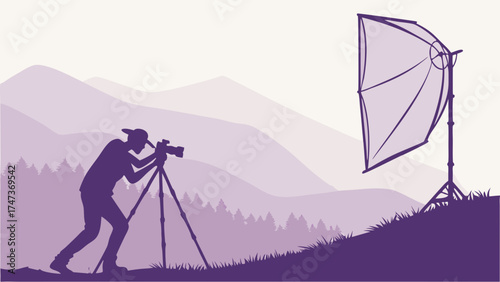 Photographer Silhouette Using Professional Camera Equipment in Mountain Landscape with Reflector.