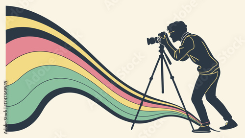 Photographer silhouette with camera on tripod and colorful abstract background photography artistic graphic design illustration creative retro vintage style modern art minimalist colorf.