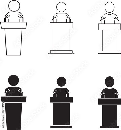 Set of six simple line art and silhouette icons representing a person speaking at a podium