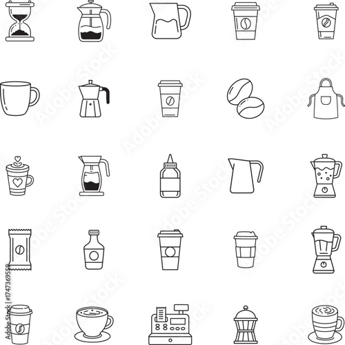 Barista Tools and Coffee Brewing Methods Icon Set