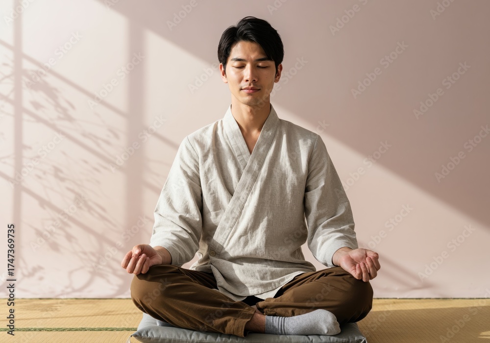 Fototapeta premium Serene Meditator: A person of Asian descent embodies tranquility in a zen-like setting, lost in deep meditation, radiating peace and inner calm.