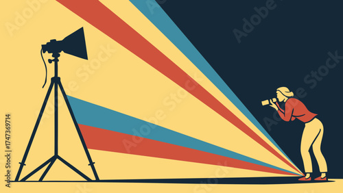 Photographer taking a picture with studio lighting retro style illustration abstract design vibrant colors creative photography concept.