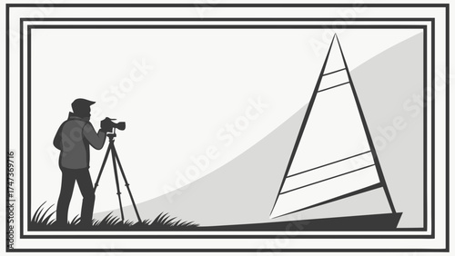 Photographer taking a picture of a sailboat with a camera on a tripod.