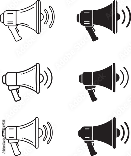 Collection of hand drawn and silhouette megaphone icons representing sound and announcement