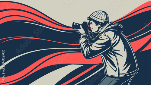 Photographer taking a picture abstract red and blue background illustration vector art graphic design element.