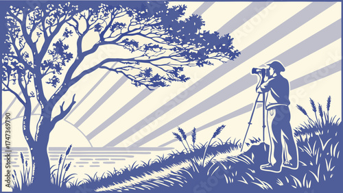 Photographer taking landscape photo with tripod at sunrise.