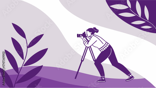 Photographer taking pictures with a tripod in nature professional photography vector illustration.