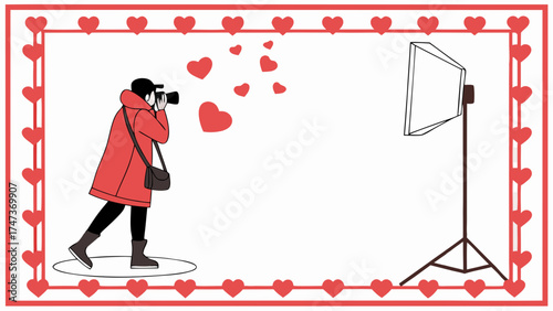 Photographer taking pictures with hearts around Valentines Day card template design.