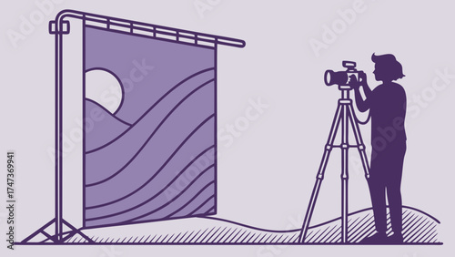 Photographer using a camera on a tripod with backdrop illustration.