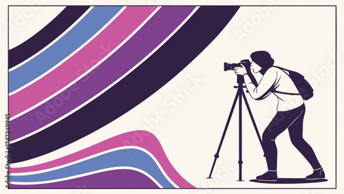 Photographer using a tripod and DSLR camera abstract background design vector illustration.