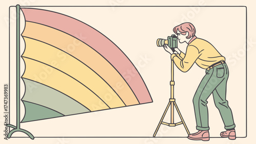 Photographer using camera with rainbow backdrop studio photography illustration design.