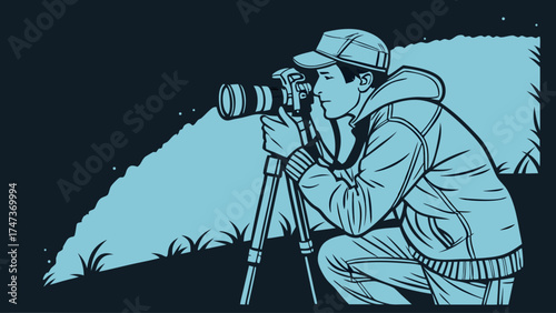 Photographer using DSLR camera on tripod nighttime photography illustration vector art.