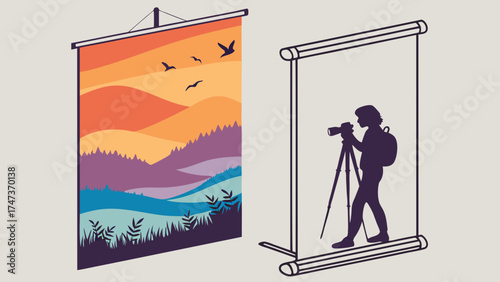 Photographer using tripod photographing a landscape backdrop illustration.