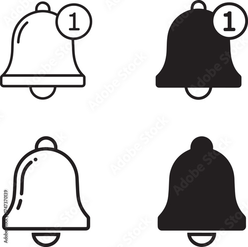 Set of four bell icons representing notifications and alerts in outline and solid styles
