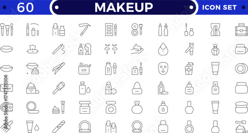 Makeup outline icon set. Sun and Protection icon set. Contains icons sunscreen, ultraviolet, sunglasses, SPF protection, umbrella, sunburn, sun hat and more.